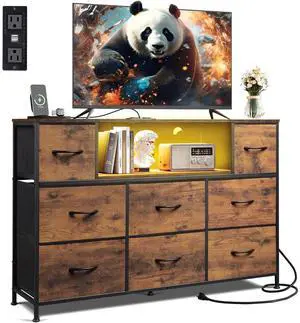 Eyesoul TV Stand for 45, 50, 55 inch TV, Entertainment Center with LED Lights & Charging Station, TV Media Console Table with 8 Fabric Drawers and Open Shelves for Living Room, Hallway, Rustic Brown