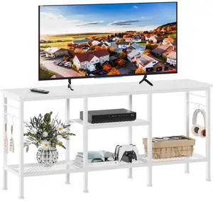 Eyesoul TV Stand for TVs up to 55 Inch, Entertainment Center with Open Storage Shelves, Media Console Table with Soundbar Shelf for Living Room, Bedroom, White