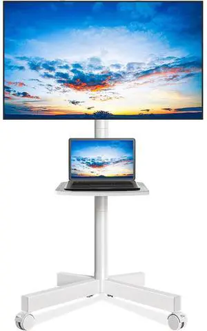 Eyesoul Mobile TV Stand for 23-60 Inch LCD LED Flat/Curved Panel Screen TVs up to 88 lbs, Rolling TV Stand with Adjustable Shelf & Tilt, Portable Floor Stand on Wheels for Bedroom, Living Room, White