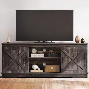 Eyesoul Farmhouse TV Stands for Living Room, Entertainment Center with Storage, TV Stand for 65 Inch TV with Double Barn Doors & Storage Cabinets, Rustic TV Cabinet Media Console, Dark Oak