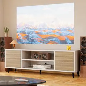 Eyesoul Modern TV Stand for 65" Television, Entertainment Center with Two Storage Cabinets and Open Shelves, Retro Style Media Console for Living Room, Bedroom, Office, 58 Inch, White and Beige