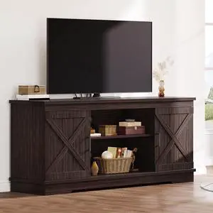 Eyesoul Farmhouse TV Stands for Living Room, Entertainment Center with Storage, TV Stand for 65 Inch TV with Double Barn Doors & Storage Cabinets, Rustic TV Cabinet Media Console, Espresso
