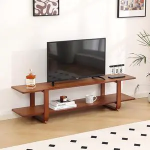 Eyesoul TV Stand with Storage for TVs up to 65'', Bamboo TV Console Entertainment Center with 2 Open Shelf, Mid Century Modern Media Console for Living Room, Bedroom, Walnut