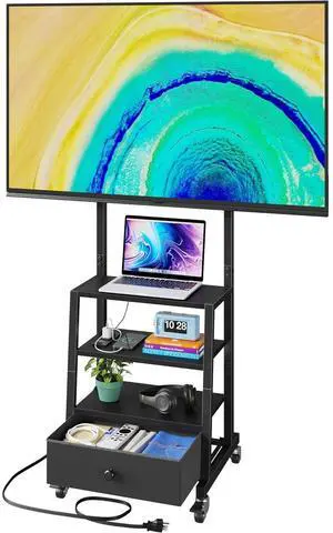 Eyesoul Rolling TV Stand with Wheels and Mount & Fabric Drawer - Entertainment Center with Power Outlet and Small TV Stand for Bedroom, Living Room - 15" Black