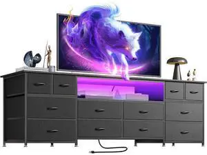 Eyesoul 63 Inch Dresser TV Stand with LED Lights, Power Outlets and USB-C Port, 12 Fabric Drawer Dresser for Bedroom, Wide Entertainment Center for 65, 70 Inch TV, Open Shelf, Black