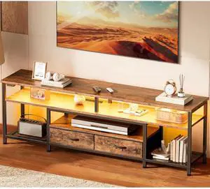 Eyesoul 63 Inch LED TV Stand for 65 70 Inch TV, Entertainment Center with Open Shelves and Power Outlets, TV Console for Living Room, Media Console with Drawers, Rustic Brown, 8779FC