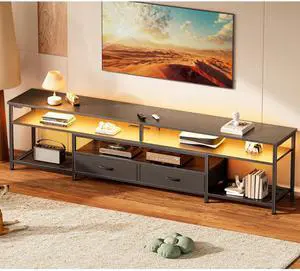 Eyesoul 79 Inch TV Stand for 85, 90 Inch TV, Entertainment Center with LED Lights and Power Outlets, TV Console with Drawers, Shelves, Type C, PU Leather Surface, for Living Room, Black