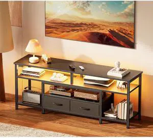Eyesoul TV Stand for 55 60 Inch TV, Entertainment Center with Power Outlets and LED Lights, 54 Inch TV Console for Living Room, Media Console with Drawers and Shelves, Black