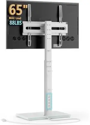 Eyesoul Floor TV Stand with Power Outlet, Universal TV Stand Mount for 27-65 inch TV up to 88lbs, 70 Degree Swivel 9 Level Height Adjustable with Tempered Glass Base for Bedroom, Office White