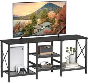 Eyesoul TV Stand for 55 Inch TV, Entertainment Center with 3-Tier Open Shelves, TV Console Table for Living Room, Bedroom, Black
