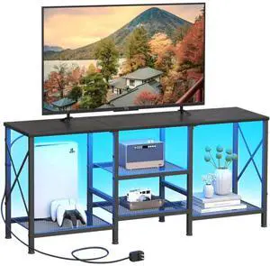 Eyesoul TV Stand with LED Lights for 55 Inch TV, Entertainment Center with 3-Tier Open Shelves, TV Console Table for Living Room, Bedroom, Black