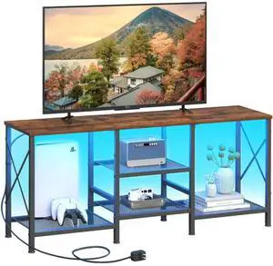 Eyesoul TV Stand with LED Lights for 55 Inch TV, Entertainment Center with 3-Tier Open Shelves, TV Console Table for Living Room, Bedroom, Rustic Brown