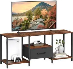 Eyesoul TV Stand with Fabric Drawer for 55 Inch TV, Entertainment Center with Open Shelves, Media TV Console Table for Living Room, Bedroom, Rustic Brown