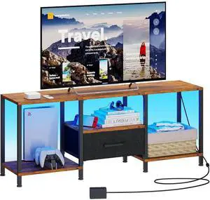 Eyesoul TV Stand with LED Lights, Entertainment Center with Open Shelves and Fabric Drawer, Media Console for 55 Inch TV, Television Stands, Living Room Furniture, Bedroom, Rustic Brown