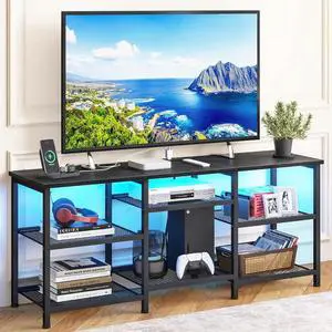 Eyesoul TV Stand for 55 inch TVs, Entertainment Center with Movable Shelf Panels, Power Outlet and LED Lights Open Storage Shelves, TV Media Console Table for Living Room and Bedroom, Black