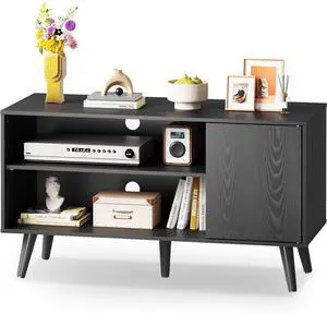 Eyesoul TV Stand for 43 Inch TV, Small Entertainment Center with Storage Cabinet & Adjustable Shelves, Mid-Century Modern TV Stands for Living Room and Bedroom, 32" TV Console, Black