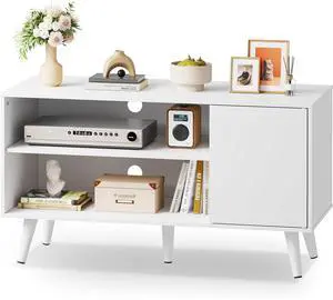 Eyesoul TV Stand for 43 Inch TV, Small Entertainment Center with Storage Cabinet & Adjustable Shelves, Mid-Century Modern TV Stands for Living Room and Bedroom, TV Console Suit 32 Inch TV, White