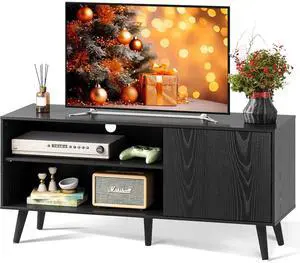 Eyesoul TV Stand for 55 Inch TVs, Entertainment Center with Storage Cabinet, Mid-Century TV Stands for Living Room and Bedroom, 50" TV Console, Black
