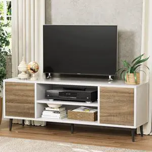 Eyesoul Modern TV Stand for 65" Television, Entertainment Center with Two Storage Cabinets, Retro Style Media Console for Living Room, Bedroom, Office, 58 Inch, Light Brown