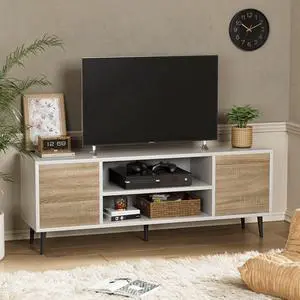Eyesoul Modern TV Stand for 65" Television, Entertainment Center with Two Storage Cabinets, Retro Style Media Console for Living Room, Bedroom, Office, 58 Inch, White and Coffee