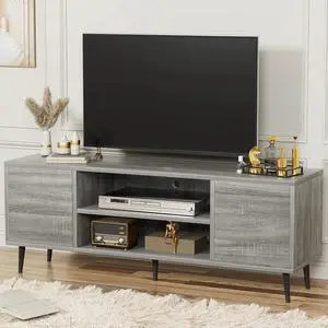 Eyesoul Modern TV Stand for 65" Television, Entertainment Center with Two Storage Cabinets, Retro Style Media Console for Living Room, Bedroom, Office, 58 Inch, Light Gray