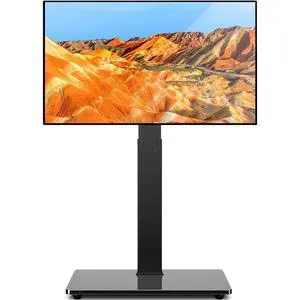 Eyesoul TAVR Universal Floor TV Stand Base for 32-75 Inch TVs up to 110 Lbs with Swivel Height Adjustable Mount, Black Tempered Glass Base for Media Storage and Space Saving