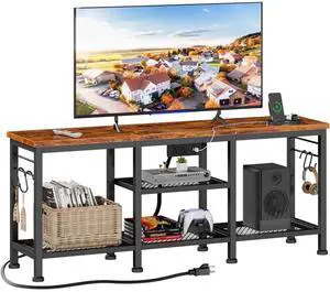 Eyesoul TV Stand with Power Outlets, Entertainment Center with Open Storage Shelves for TVs up to 55 Inch, Media Console Table with Soundbar Shelf for Living Room, Bedroom, Rustic Brown