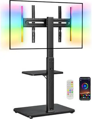 Eyesoul Floor TV Stand with LED Light for 32-75" TVs, Tall TV Stand with Swivel and Tilt, 12 Height Levels TV Mount Stand, Solid Wood Base up to 110 lbs for Living Room, Max VESA 600x400mm, PGFS21B