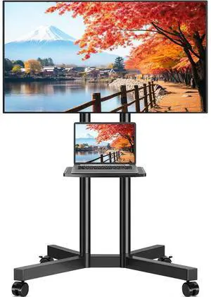 Eyesoul Rolling TV Stand with Laptop Shelf, Mobile TV Stand with Upgraded Wheels for 32-75 Inch TVs, Height Adjustable Mobile TV Cart up to 88lbs, Portable TV Mount Stand for Outdoor, Home, Office