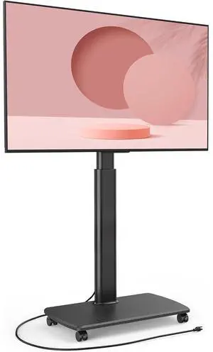 Eyesoul Rolling TV Stand with Power Outlets, Swivel Portable TV Stand for 32-70 Inch LCD LED OLED Flat/Curved Panel Screen TVs, Height Adjustable&Wood Base, Mobile TV cart Holds up to 88Lbs, Black