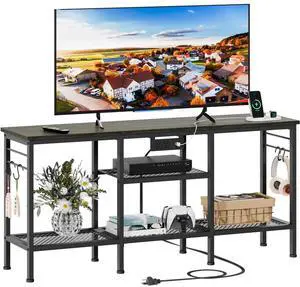 Eyesoul TV Stand with Power Outlets, Entertainment Center with Open Storage Shelves for TVs up to 55 Inch, Media Console Table with Soundbar Shelf for Living Room, Bedroom, Black Oak