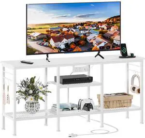 Eyesoul TV Stand with Power Outlets, Entertainment Center with Open Storage Shelves for TVs up to 55 Inch, TV Media Console Table with Soundbar Shelf for Living Room, Bedroom, White