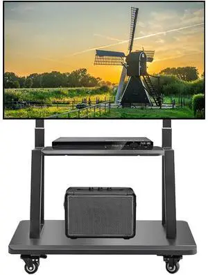 Eyesoul Mobile TV Cart,Rolling TVs Cart on Wheels Height Adjustable Heavy-Duty Floor Stand Base for 42-86 Inch LCD LED OLED Flat Panel Screens Smartboard Movable Holds up to 176lbs with Shelf