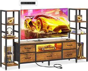 Eyesoul TV Stands for 40/43/50 Inch TV, Entertainment Center with LED Lights & Power Outlets, TV Stand for Living Room with 5 Fabric Drawers, TV Console Cabinet, Rustic Brown