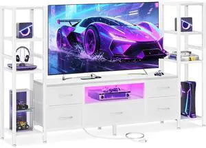 Eyesoul TV Stands for 40/43/50 Inch TV, Entertainment Center with LED Lights & Power Outlets, TV Stand Living Room with 5 Fabric Drawers, TV Console Cabinet for Bedroom, White