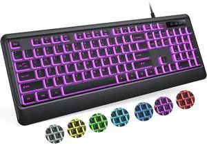 Eyesoul Backlit Computer Keyboards, Wired USB LED Keyboard with 7 Colors Backlight, Plug and Play, Waterproof, Full Size Quiet Computer Keyboard for Windows Desktop, PC, Laptop, Gaming