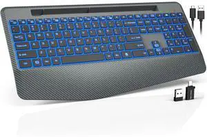 Eyesoul Wireless Keyboard with 7 Colored Backlit, Wrist Rest, Phone Holder, Rechargeable Ergonomic Computer Keyboard with Silent Key, Full Size Lighted Keyboard for Windows, MacBook, PC, Laptop (Gray) Eyesoul Wireless Keyboard with 7 Colored Backlit, Wrist Rest, Phone Holder, Rechargeable Ergonomic Computer Keyboard with Silent Key, Full Size Lighted Keyboard for Windows, MacBook, PC, Laptop (Gray)