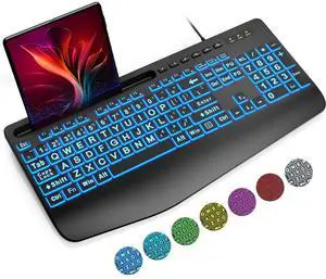 Eyesoul Large Print Backlit Keyboard, Wired USB Computer Keyboards with 7-Colors Backlight, Wrist Rest, Phone Holder, Oversized Letter Keys Easy to See and Type for Laptop, PC, Windows, Black