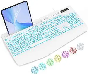 Eyesoul Large Print Backlit Computer Keyboards, Wired Lighted USB Keyboards with 7-Color Backlit, Wrist Rest, Phone Holder, Easy to Read and Type for Laptop, PC, Windows, Desktop (White)