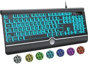 Eyesoul Large Print Backlit Computer Keyboard, USB Full Size Wired Keyboards with 7-Colors Backlight, Wrist Rest, Light Up Keyboard for Windows, PC, Laptop - Easy to See, Easy to Setup