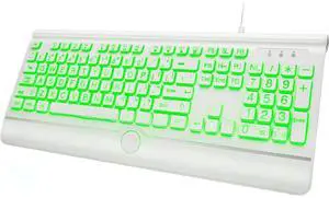 Eyesoul Large Print Backlit Computer Keyboard, USB Full Size Wired Keyboards with 7-Colors Backlight, Wrist Rest, Light Up Keyboard for Windows, PC, Laptop - Easy to See, Easy to Setup