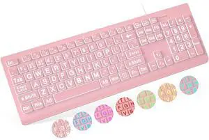 Eyesoul Large Print Backlit Keyboard, Wired USB Lighted Computer Keyboards with 7-Color & 4 Modes Backlit, Oversize Letters Keys Easy to See and Type, Quiet Keyboard Compatible for PC, Laptop -Pink