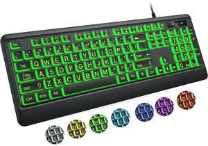 Eyesoul Large Print Keyboard - 7 Interchangeable Backlight Colors, Light Up USB Wired Computer Keyboards, USB Plug-and-Play, Foldable Stands, Corded Full Size Keyboard for Windows, PC, Laptop
