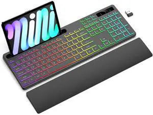 Eyesoul Wireless Keyboard with 7 Colors & 4 Modes RGB Backlit, Ergonomic Keyboard with Wrist Rest, Phone Tablet Holder, 2.4G Light Up Computer Keyboard with Numeric Keypad for Mac, Windows