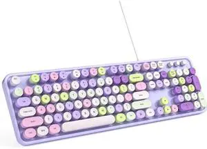 Eyesoul Computer Keyboard Wired, Plug and Play USB Retro Round Typewriter Keyboard, Full Size Wired Keyboard with Foldable Stands for Laptop and Office PC- Purple Colorful