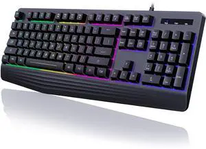 Eyesoul Gaming Keyboard, 7-Color Rainbow LED Backlit, 104 Keys Quiet Light Up Keyboard, Wrist Rest, Whisper Silent, Anti-ghosting Multimedia Keys, Waterproof USB Wired Keyboard for PC Mac Xbox