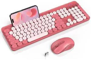 Eyesoul Wireless Keyboard and Mouse Combo, Retro Round Keycap Typewriter Keyboard with Phone/Tablet Holder, Cute Colorful Keyboard for Windows/Computer/Laptop by (Pink) Eyesoul Wireless Keyboard and Mouse Combo, Retro Round Keycap Typewriter Keyboard with Phone/Tablet Holder, Cute Colorful Keyboard for Windows/Computer/Laptop by (Pink)
