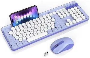 Eyesoul Wireless Keyboard and Mouse Combo, Retro Round Keycap Typewriter Keyboard with Phone/Tablet Holder, Cute Colorful Keyboard for Computer/Laptop/Windows by (Purple) Eyesoul Wireless Keyboard and Mouse Combo, Retro Round Keycap Typewriter Keyboard with Phone/Tablet Holder, Cute Colorful Keyboard for Computer/Laptop/Windows by (Purple)