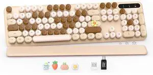 Eyesoul Wireless Keyboard, Round Keycaps, Retro Typewriter Keyboard with Detachable Wrist Rest, Sleep Mode, Foldable Legs, 2.4GHz Full-Size Cordless Computer Keyboard for Windows/PC/Laptop (Latte)