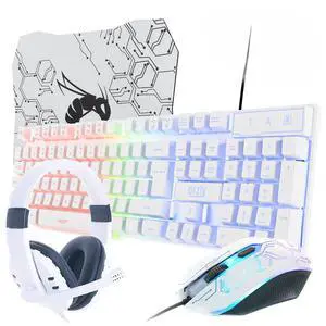 Eyesoul Gaming Keyboard and Mouse and Gaming Headset & Mouse Pad, Wired LED RGB Backlight Bundle for PC Gamers Users - 4 in 1 White Edition Hornet RX-250
